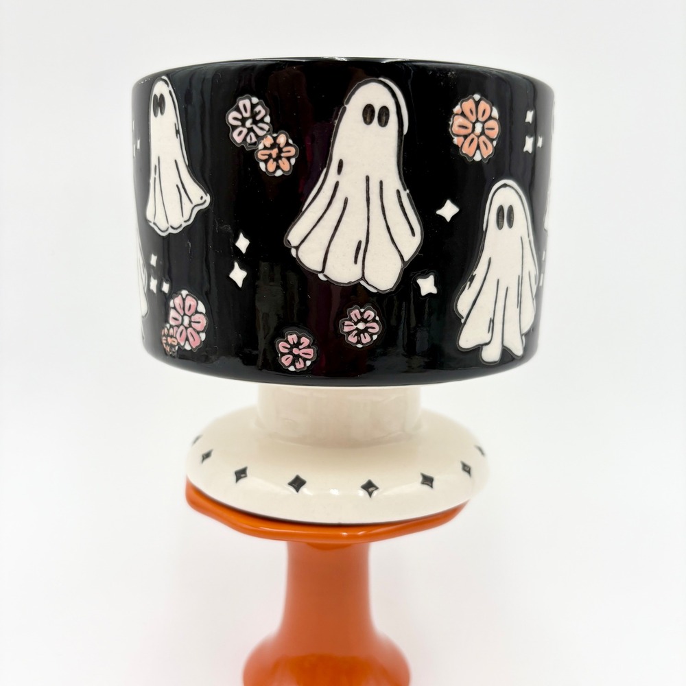 POTTERS STUDIO Ghost Decor Bowl Halloween Flowers Spooky Cute Black Ceramic